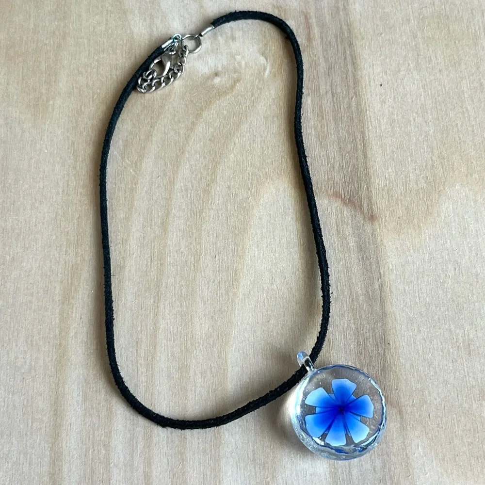 Blue Flower Glass Pendant Necklace